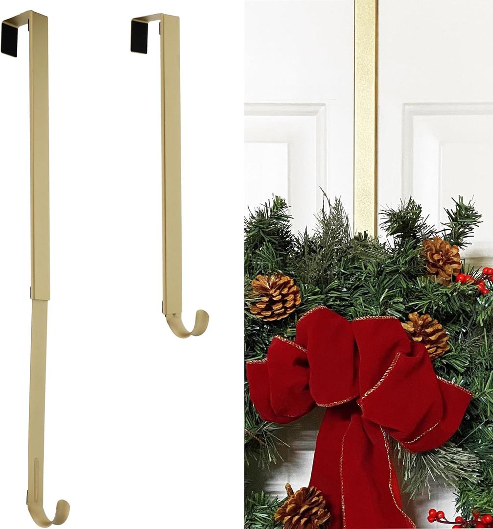 Adapt Adjustable Wreath Hanger (Textured Gold) - Over The Door Wreath Hanger for Front Door - Extendable Length Metal Hook