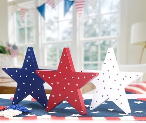 4th of July Decorations-2Pcs Patriotic Wooden Stars Sign-Classic Red White Blue Memorial Day Decorations for Home Shelf Mantel Tiered Tray Table Windowsill Decor