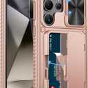 Vihibii for Samsung Galaxy S24 Ultra Wallet Case with Card Holder (4 Cards) & Slide Lens Cover & Stand & Raised Edges Protect Screen, Shockproof Rugged Case for Samsung Galaxy S24 Ultra 5G, Rose Gold