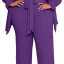 IyMoo Plus Size Suits for Women Business Open Front Long Sleeve Blazer Elastic Waist Solid Straight Leg Pant Set Suits (3X-Large Plus, Purple)
