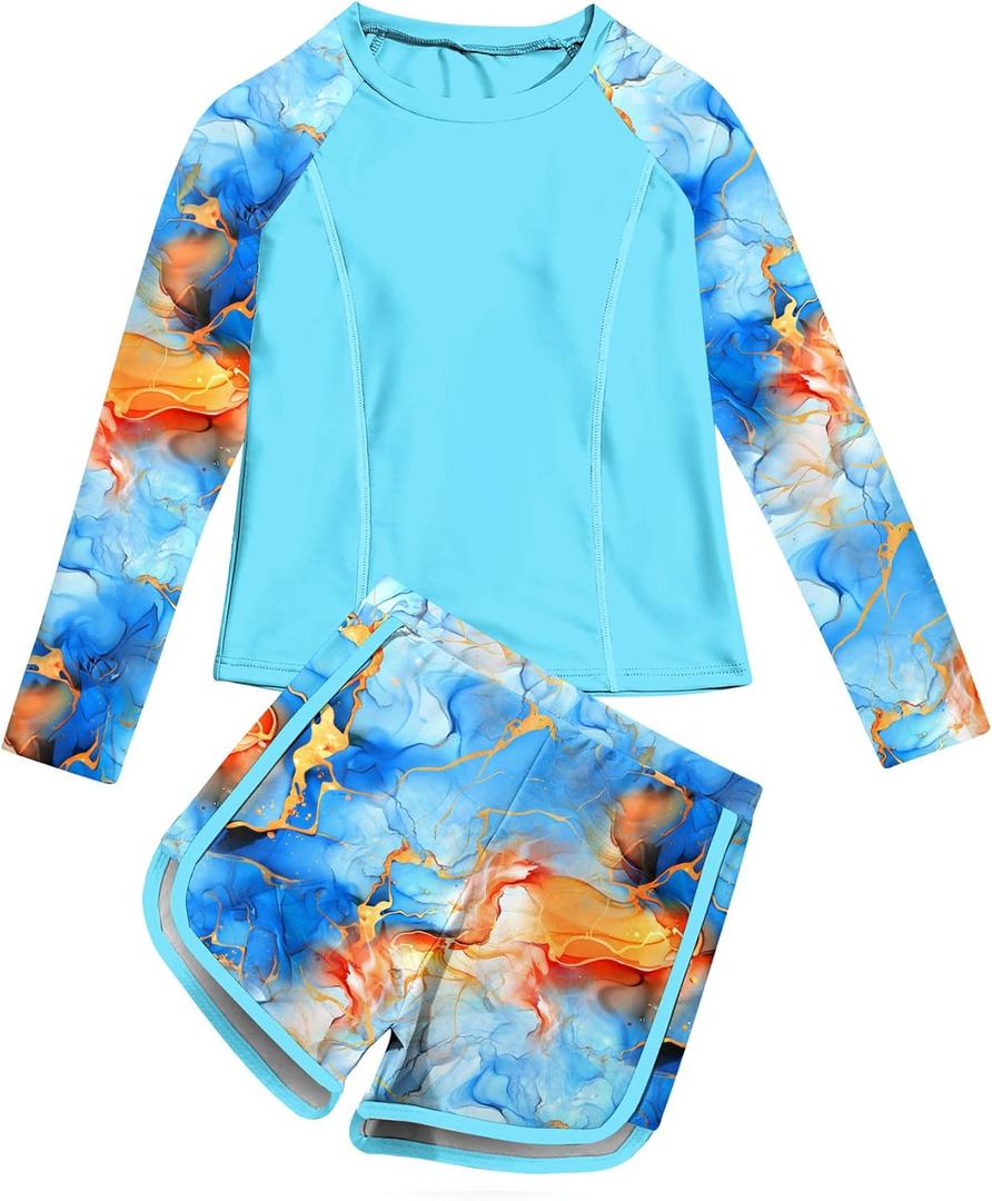 Vogseek Girls Rash Guard Swimsuits 2 Piece Bathing Suit UPF 50+ Summer Swimwear (12-13 Years, Blue Yellow)