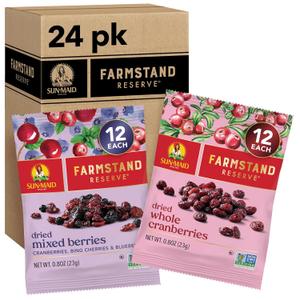 Sun-Maid Farmstand Reserve 24 Count Variety Pack - 0.8 oz Snack Bag  (12) Whole Dried Cranberries and (12) Dried Mixed Berries - Holiday Snacks and Charcuterie Boards (Amazon Exclusive)