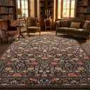 GarveeHome Brown Vintage Floral Washable Rugs 5x7 for Living Room Black Boho Botanical Retro Rug Low Pile Stain Resistance Non Slip Carpet for Bedroom Nursery Dining Room
