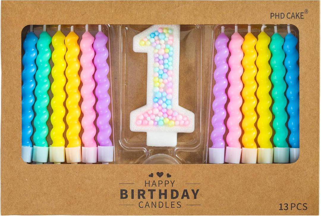 PHD CAKE Number 1 Birthday Candle Macaron Glitter Number Candle with Rainbow Spiral Candles in Holders for Cake Topper, Pastel Sweet Theme Party Decoration
