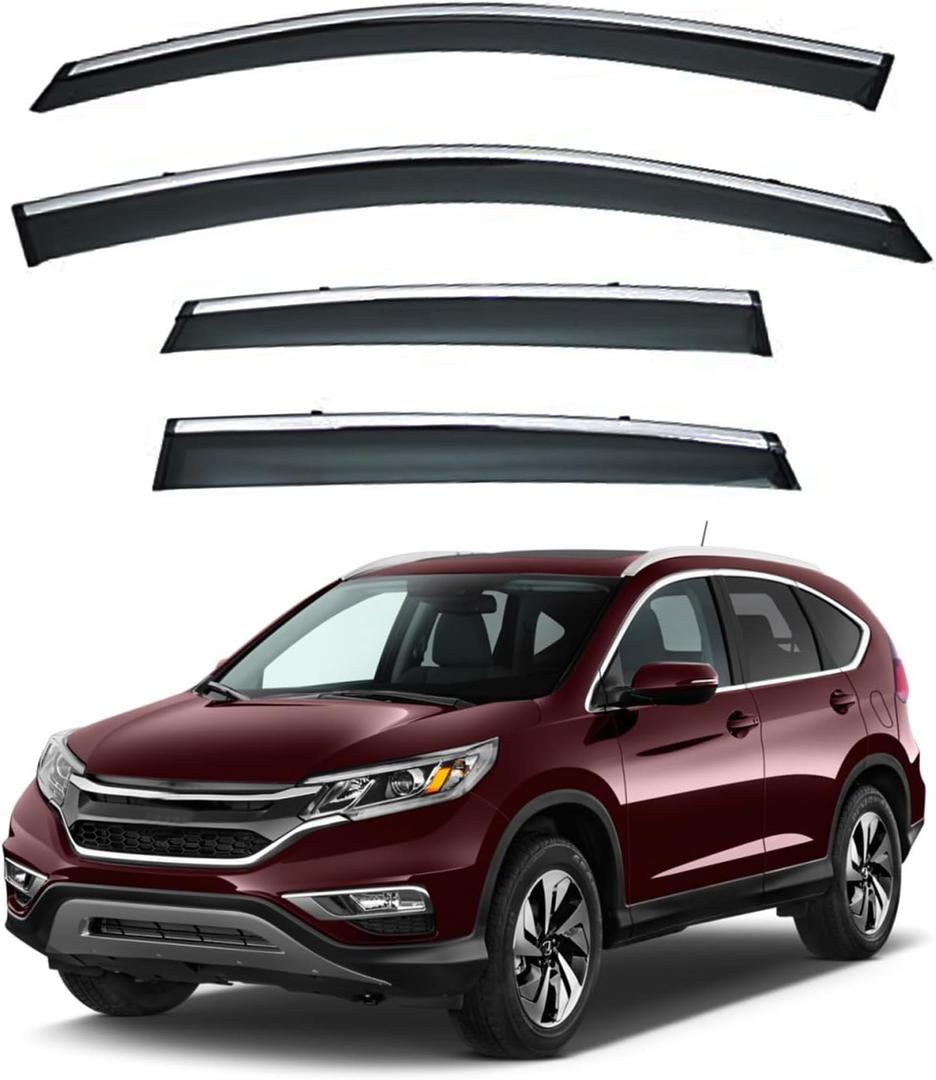 4pcs Smoke Tint with Chrome Trim Outside Mount Tape On/Clip On Style PVC Sun Rain Guard Vent Window Visors Compatible with 12-16 CRV CR-V