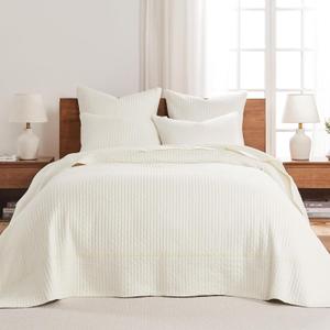 Levtex Home - Cross Stitch Cream Bedspread Set - King Quilted Bedspread and Two King Shams - Cross Stitch Pattern - Bedspread (120x104in.) and Sham (20x36in.) - Cotton (Bedspread - King)