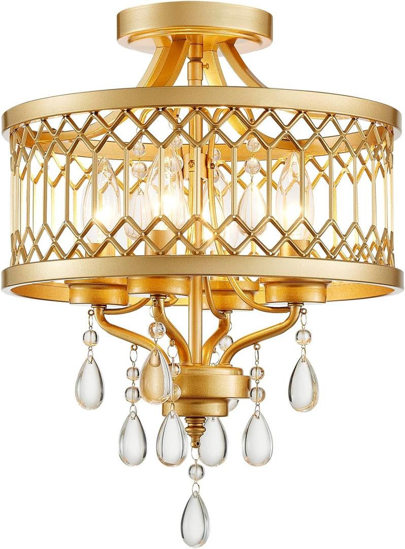 Crystal Ceiling Light Fixture, Farmhouse Semi Flush Mount Ceiling Light, Gold Crystal Chandeliers for Dining Room Light Fixture, Hallway Lighting Fixtures for Kitchen Bedroom Bathroom Foyer Entryway (16" High 12.8" Wide)