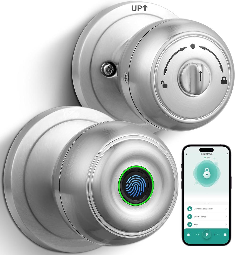 Smart Fingerprint Door Knob with Lock, Door knob with App Control & Key