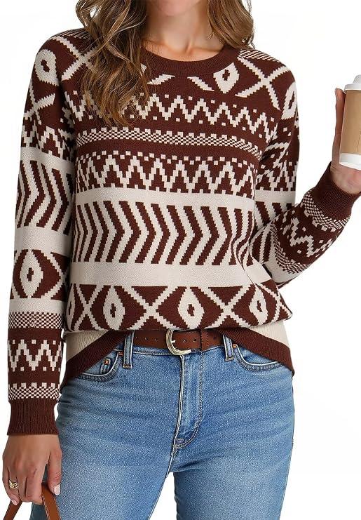 Dokotoo Brown Sweaters for Women Casual Striped Long Sleeve Pullover Jumpers Cute Crew Neck Color Block Sweater Top Lightweight Sweaters for Women Christmas Sweaters for Women Large