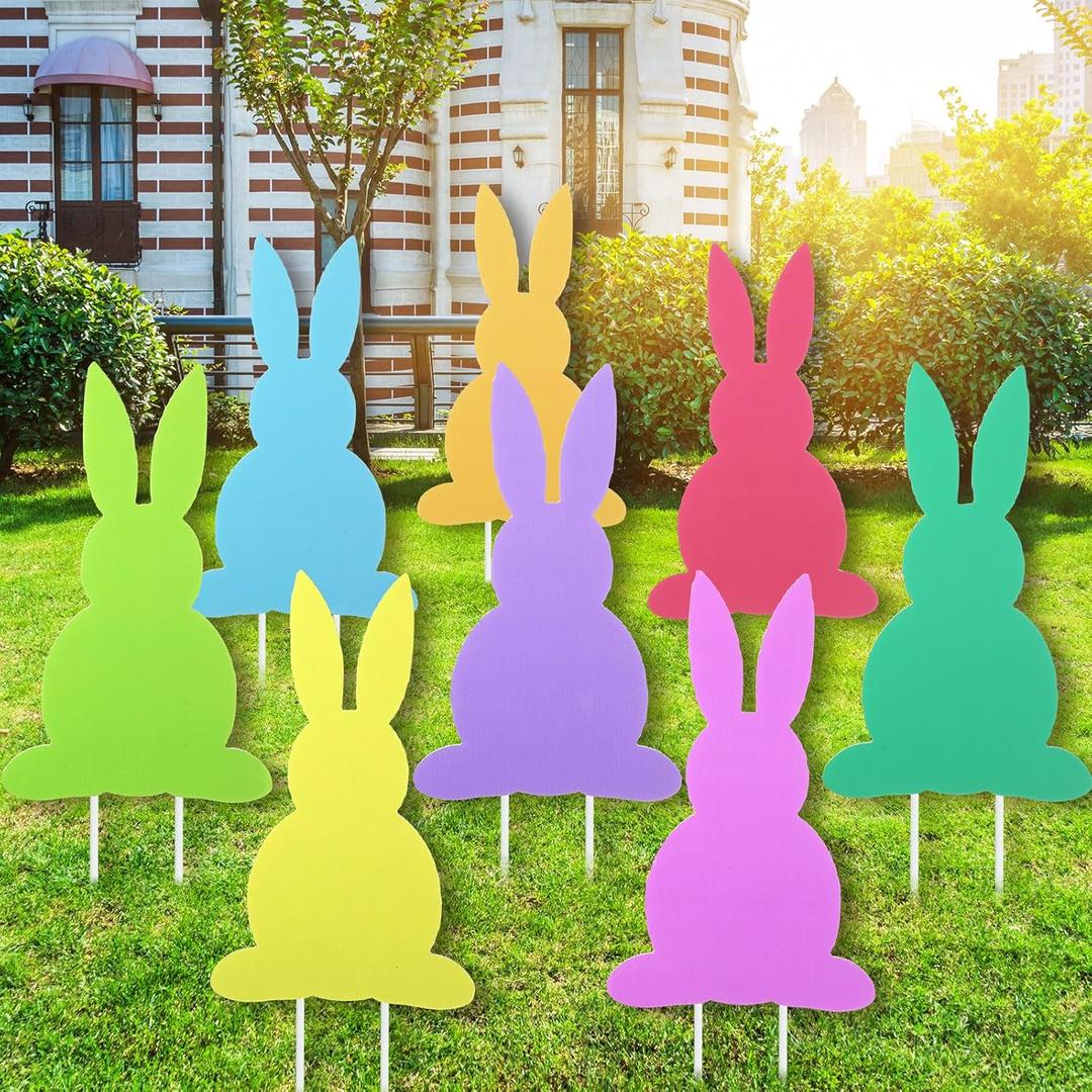 Yerliker 8 Pcs Easter Yard Signs with Stakes Outdoor Garden Bunny Lawn Signs Decorative Bunny Yard Stakes Rabbit Easter Decorations for Easter Hunt Game Home Spring Props Party Supply (Classic Style)