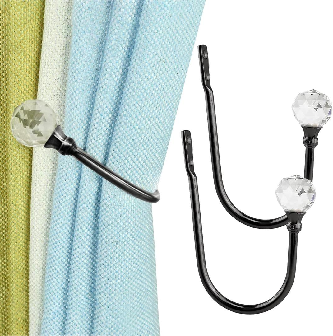 Coolnice 2 Pack Curtain Holdbacks, Wall Mounted Curtain Tiebacks, Glass Crystal with U Shape Curtain Pull Backs with Screws for Home Office-Black