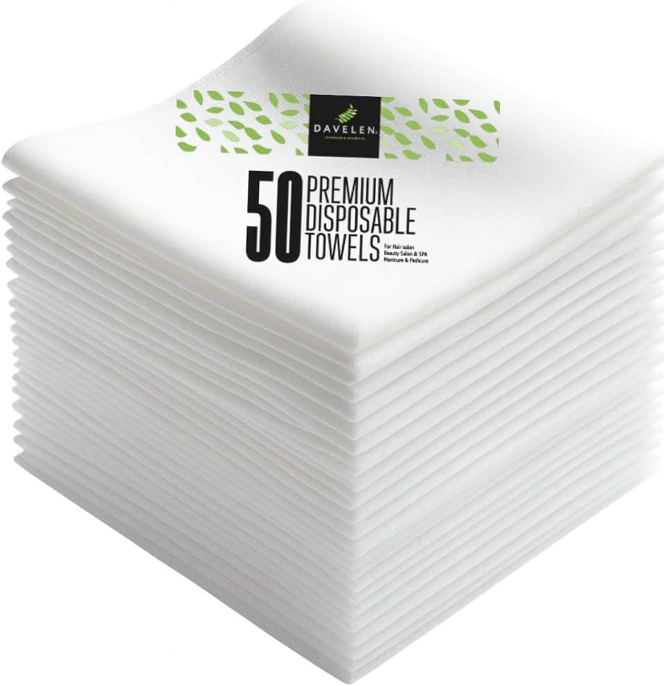 DAVELEN Disposable Large Luxury Towels (50-Count) Spa and Salon Quality Softness for Guests, Clients | Hair, Face, Body Use | Luxurious Comfort, Ecofriendly (050, 32x16 inches)