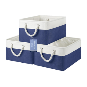 VQRTEXA Large Storage Baskets 15.7x11.8x8.26 inch Storage Bins for Shelves and Closet Organizing, Foldable Fabric Bin for Home Organization Clothes and Laundry (3Pack, White&Blue)