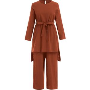 IDOPIP Women's Muslim Abaya Dress 2 Pieces Set Long Sleeve Button Down Shirt and Pants Casual Arabic Islamic Dubai Outfits (Red, M)
