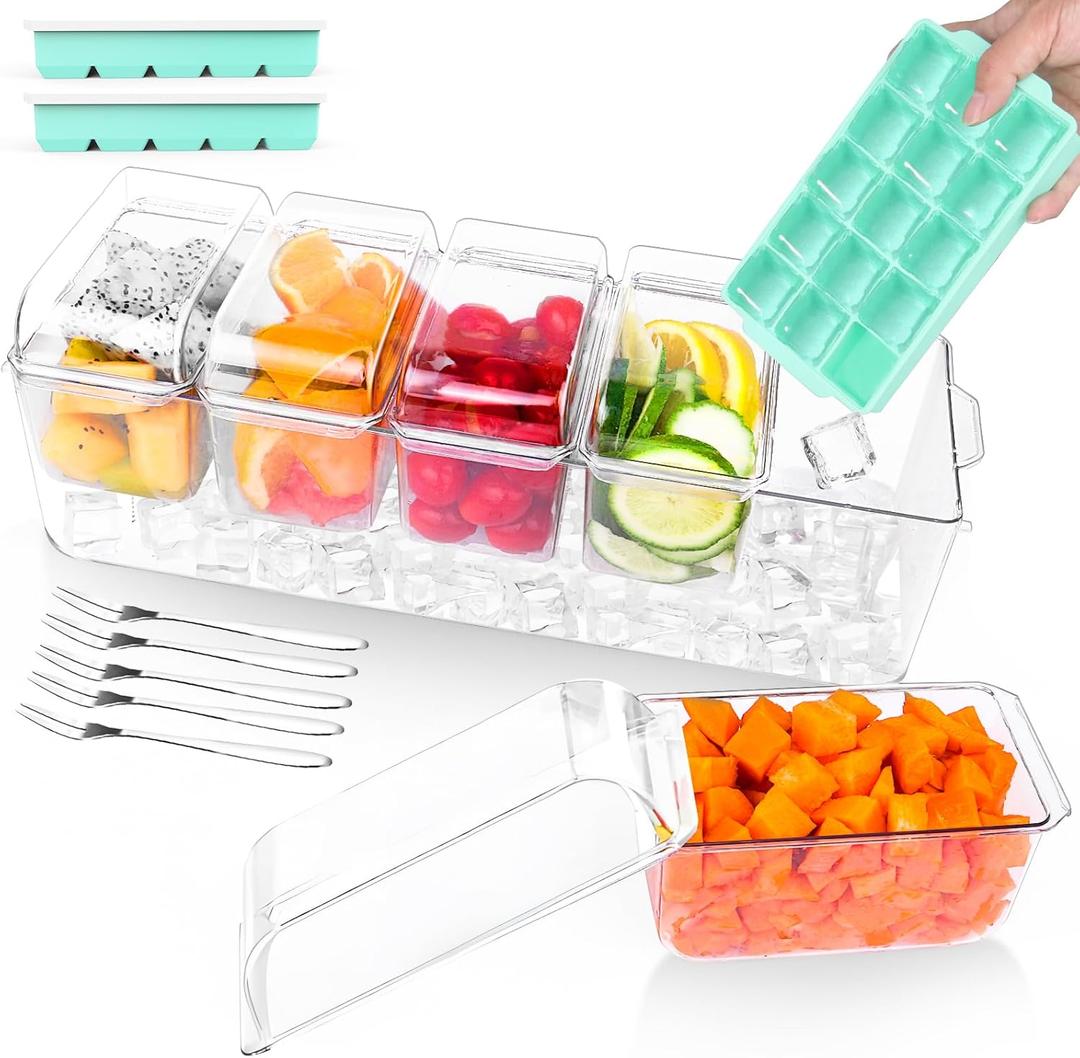 Ice Chilled Condiment 15.3 Containers 5X 20oz(2.5 Cup) Server with Separate Lids, Taco Bar Serving Set Tray Platter with Removable Dishes for Fruit, Salad, Party Garnish