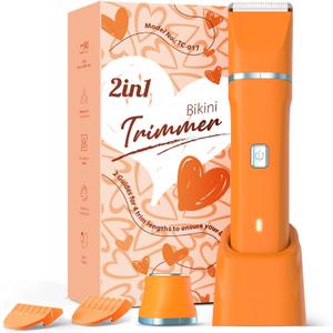 Facial Hair Removal for Women - Waterproof 2 in1 Rechargeable Eyebrow Facial Trimmer and Bikini Trimmer for Women, Painless Face Electric Razor/Shaver for Lip, Arms, Face, Peach Fuzz (Orange)