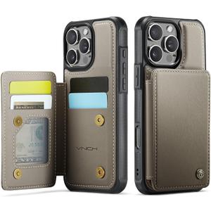 Vinich for iPhone 16 Pro 6.3" Wallet Case with Card Holder, RFID Blocking Credit Slots Kickstand Shockproof Phone Cover for Women Men, Gray