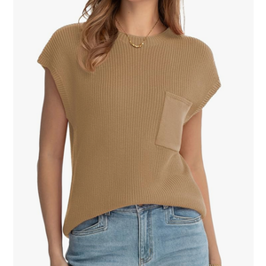 QUALFORT Women's 100% Cotton Short Sleeve Sweater Lightweight Ribbed Knit Office Layering Pullover Crewneck Work Casual Top, Khaki,  L
