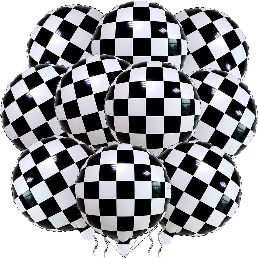 12 Pack 18 Inch Checkered Racing Balloons Helium Foil Mylar Black and White Checkered Balloons for Race Car Themed Party Birthday Festival Decorations Supplies