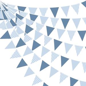 32Ft Dusty Blue Party Decorations Retro Blue Gingham Triangle Banner Flag Pennant Fabric Garland Streamers for Nautical Wedding Birthday Ahoy Achor Bridal Baby Shower Under The Sea Decor Supplies