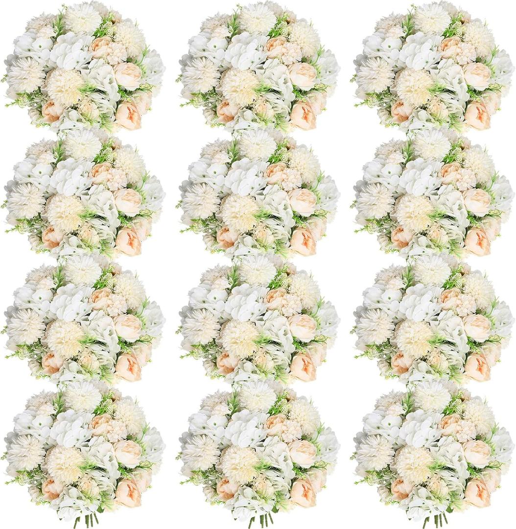 Tigeen Artificial Flowers Artificial Peonies Silk Flowers Faux Peony Fake Peony Silk Hydrangea Bouquet for Wedding Table Centerpiece Floral Vase Decor(Champagne White,12 Bundles)
