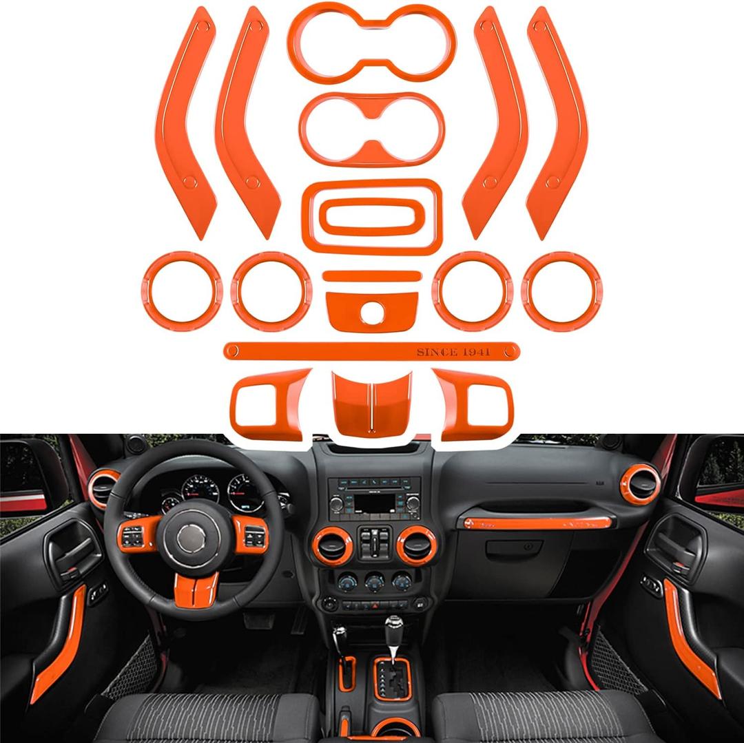 E-cowlboy 18 PCS Full Set Interior Decoration Trim Kit Steering Wheel Center Console Door Handle Air Conditioning Vent Cup Holder Gear Cover Trim for Jeep Wrangler JK JKU 2011-2018 4-Door (Orange)