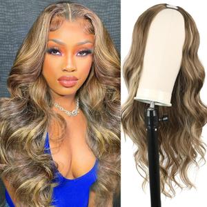Highlight V Part Wig Long Body Wavy Upgrade U Part Synthetic Hair for Black Women 24Inch Light Blonde With Brown Root Full Head Clip In Hair Glueless Women Wigs (Light Blonde With Brown Root)