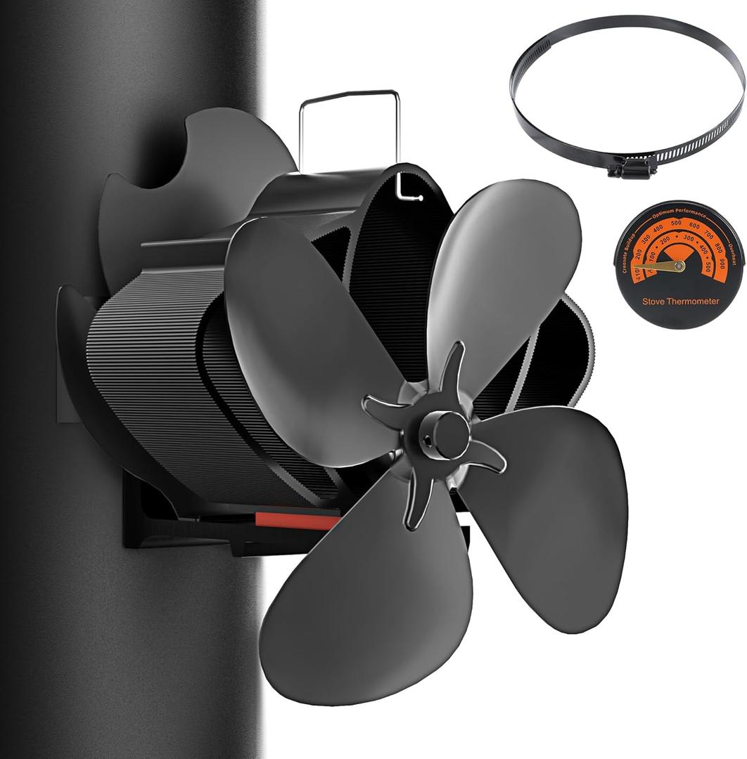 Easywave Wood Stove Fan, Magnetic Pipe Fireplace Fan, Heat Powered Fireplace Fan Non Electric, Thermal Fan for Wood/Log Burning Stove Gas Burner, Silent Motor, W/Stove Accessories Thermometer (Black)