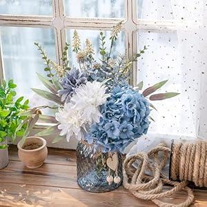Fake Flowers with Vase, Hydrangea Artificial Flowers in Vase Faux Dahlia Flowers Arrangement Suitable for Home Kitchen Living Room Fall Spring Decor Office Decoration, Centerpiece Table Decorations