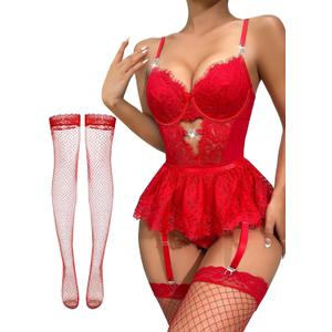 Lilosy Sexy Stocking Rhinestones Heart Garter Underwire Floral Mesh lace Sheer Babydoll Lingerie Teddy Bodysuit Skirt Set (4X-Large, Bright Red)
