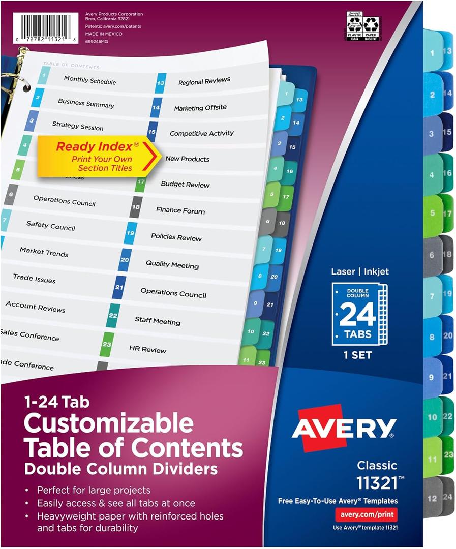 Avery Double Column 24 Tab Dividers for 3 Ring Binders, Customizable Table of Contents, Multicolor Tabs, 1 Set (11321)