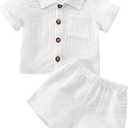 SHIBAOZI Toddler Baby Boys Clothes Set Button-Down Shirt Tops + Cotton Linen Shorts Summer Outfit 2PCS with Pockets (12-18 Months, Pure White)