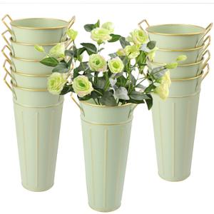 10 PCS 9 Inch Tall Galvanized Flower Buckets, Metal Flower Vase, Rustic Farmhouse French Flower Buckets with Handles for Wedding, Home Dcor(Green)