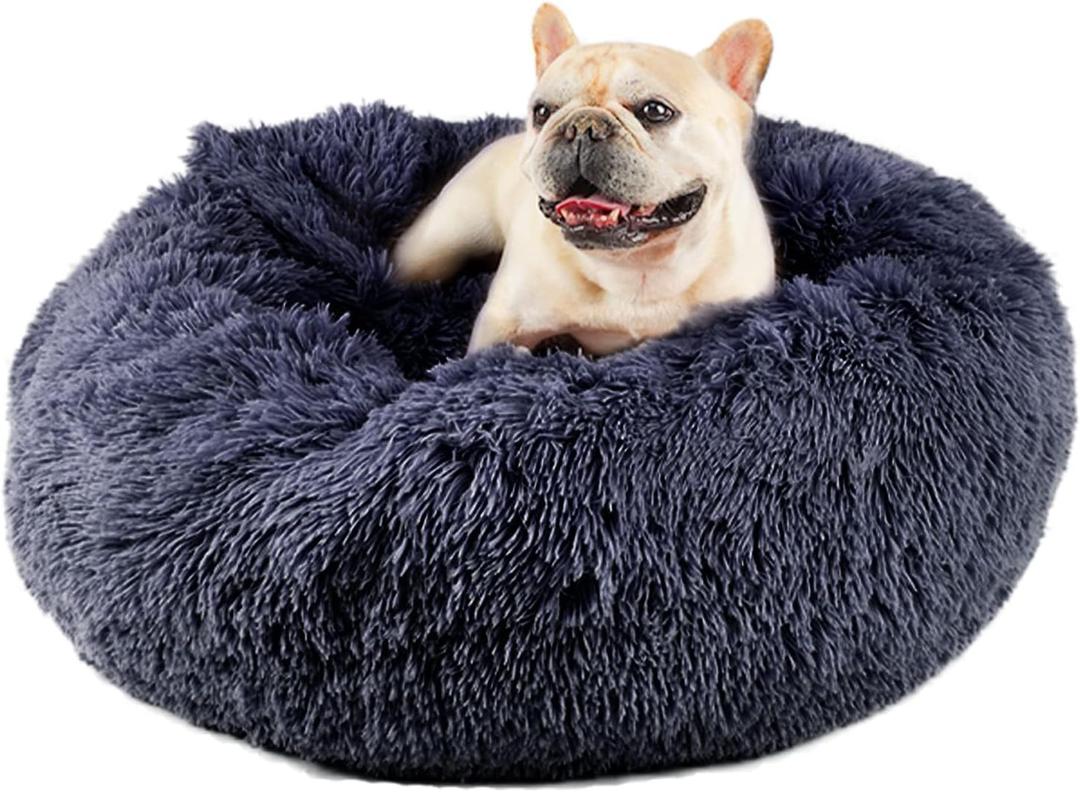 Himax Medium Dog Bed, Round Dogs Beds with Blanket Attached, Comfort Fluffy Calming Dog Bed Washable (26") Deep Grey