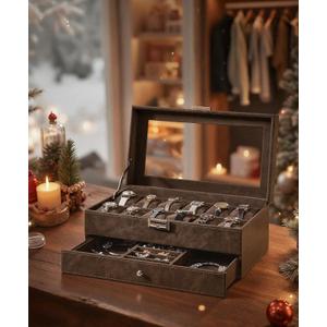 SONGMICS Watch Box, 12-Slot Watch Case Organizer with Large Glass Lid, 2 Layers, Removable Pillows, Metal Lock, Fathers Day Gift for Dad, Brown Synthetic Leather, Brown Lining UJWB012K01