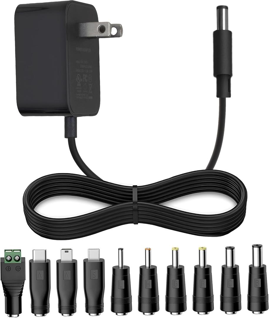 DC 5V 1A Power Cord Adapter with 10 Connectors - Universal AC/DC Charger for Security Cameras,Baby Monitors,TV Boxes,Raspberry Pi, and More - DC 5 Volt 1A 0.5A Power Supply, FCC and UL certified (5ft)