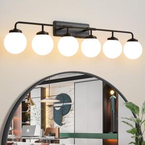 Bathroom Light Fixtures Over Mirror, 6-Light Matte Black Vanity Lighting with Milk White Glass Globe Shades Modern Wall Sconce, 6lights-45.3in