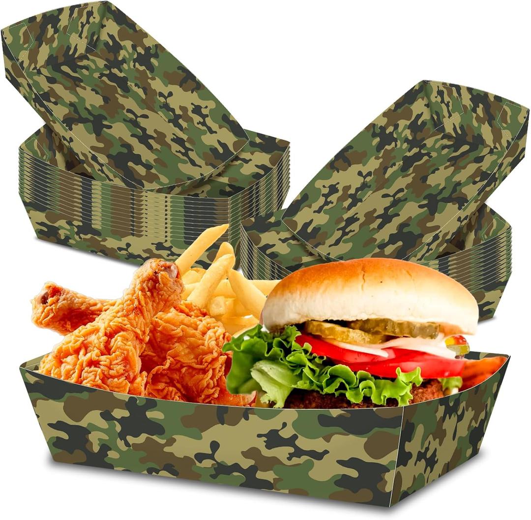 No Folding Required 100 Pack 2 Lb Camouflage Party Food Trays Camo Plates Birthday Party Supplies Camo Themed Nacho Food Holders Paperboard Tray Disposable Serving Trays