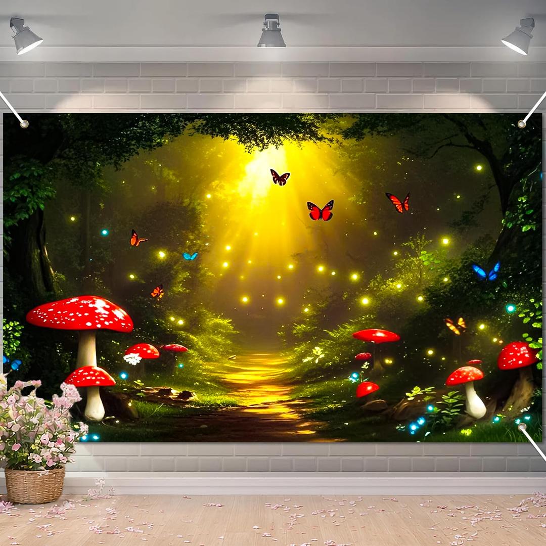 BlissYard Enchanted Forest Backdrop Fantasy Woodland Banner for Party Event Display 71×41 Inch Magical Nature Scene with Glowing Path Butterfly Mushroom Background for Photo Booth Home Decor