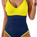 Aidonger One Piece Swimsuit for Women Tummy Control Color Block Bathing Suit V Neck Shell Stitched Tie Back Swimwear (Blue, L)