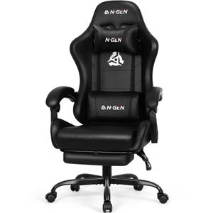N-GEN GAMING Gaming Chair with Footrest, Lumbar, High-Back, Carbon Black
