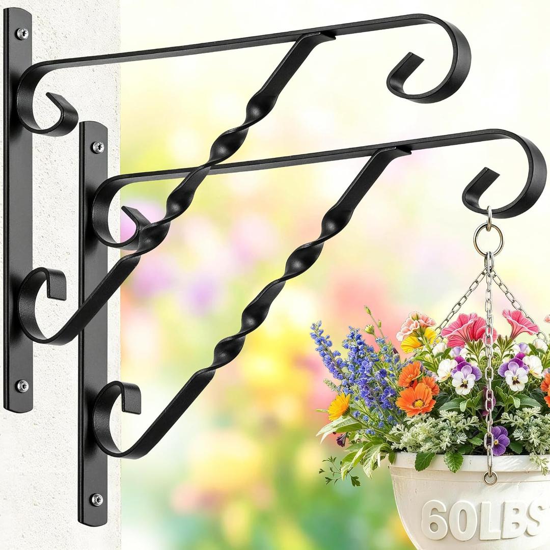 AMAGABELI GARDEN & HOME 2 Pack Hanging Plant Brackets Outdoor 12" Metal Fence Wall Plant Hanger Hooks for Hanging Flower Baskets Bird Feeders Lanterns Wind Chimes Rust-Resistant Black