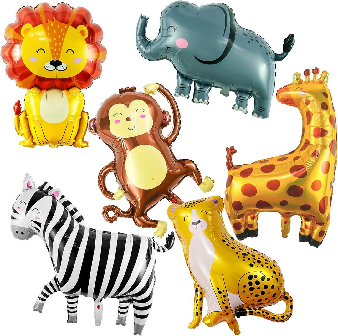 3 x 6 Pcs Giant Safari Animal Balloons, Lion Zebra Giraffe Monkey Elephant Leopard Foil Mylar Balloons for Wild One 1st Birthday Party Decorations, Jungle Zoo Theme Baby Shower Supplies