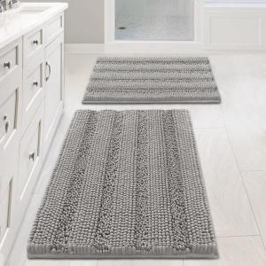 Non Slip Thick Shaggy Chenille Bathroom Rug Mat Set Extra Soft and Absorbent Striped Floor Rugs, 2 Piece, Machine-Washable (20" x 32" Plus 17" x 24", Dove)