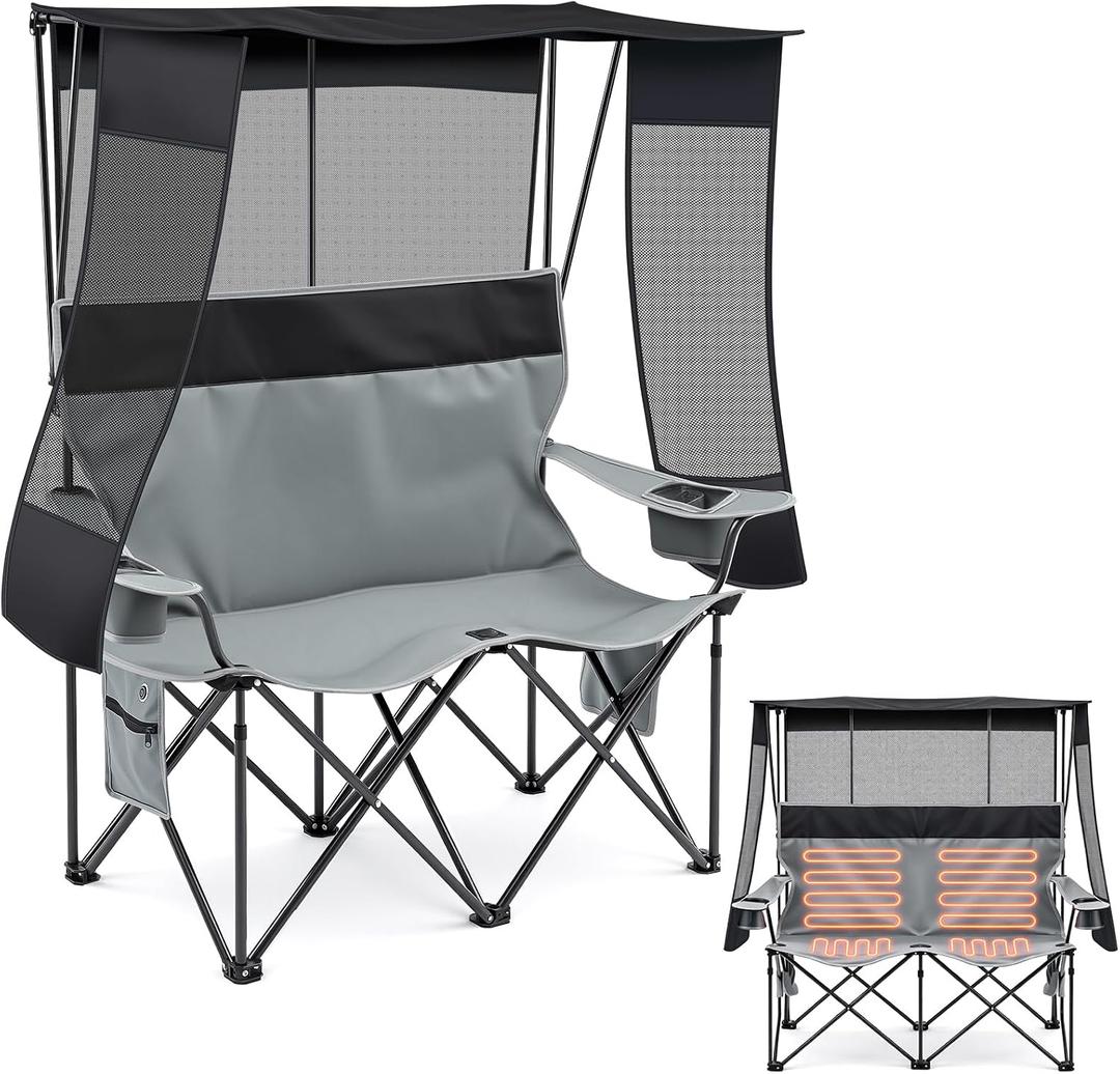 Teenyyou Double Camping Chair with Canopy Shade, 660lbs Folding Beach Loveseat with Padded Seat and Cup Holders, 4-Zone Heated Outdoor Chair for Beach Camp, Use 5v/3a Power Bank(Black and Grey), 11.02 x 36.22 x 8.07 inches