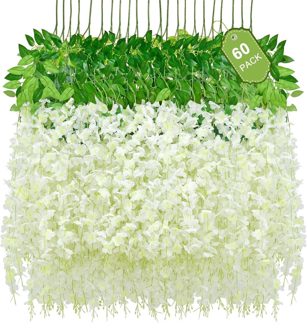 60 Pack White Wisteria Hanging Flowers, Fake Hanging Flowers for Decoration, Artificial Hanging Flowers, Vines for Bedroom, Flower Garland for Home, Party, Garden, Wall, Wedding Decoration(3.6 Ft/Pcs)