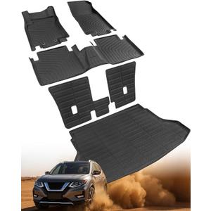 6 Pcs for Nissan Rogue Floor Mats 2014-2020 (Not for Rogue Sport), Full Set Car All Weather Cargo Liners Trunk Back Seat Cover Protector Backrest Carpet Rubber for Rogue Interior Accessories