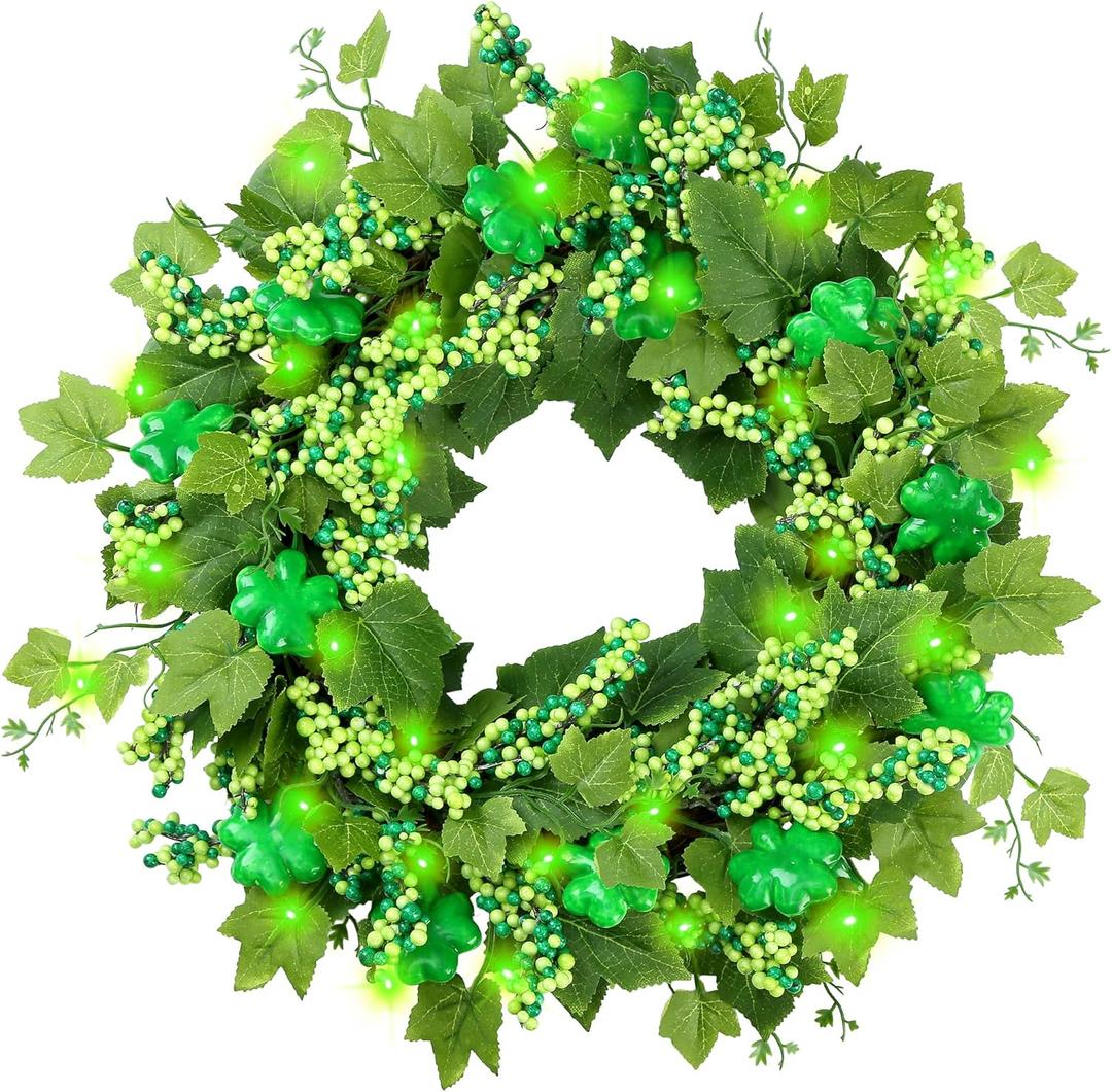 Sggvecsy 18 St. Patrick's Day Shamrocks Wreath for Front Door with Lights Artificial Lucky Clover Wreath with Greenery Ivy Leaves Berries for Irish St. Patrick's Day Decoration Wall Home Decor