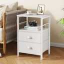 Furologee Nightstands Set of 2, End Table with 2 Fabric Drawers, Night Stand with 2 Hooks, Open Wood Shelf Bedside Table for Bedroom/Living Room/White, 2pc
