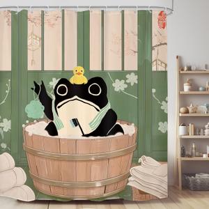 LGhtyro Funny Frog Shower Curtain Bathroom Set 71Wx78H Inches Cute Animal Cherry Blossom Japanese Asian Style Traditional Wooden Board Bath Accessories Rubber Duck Art Home Decor Fabric 12 Pack Hooks